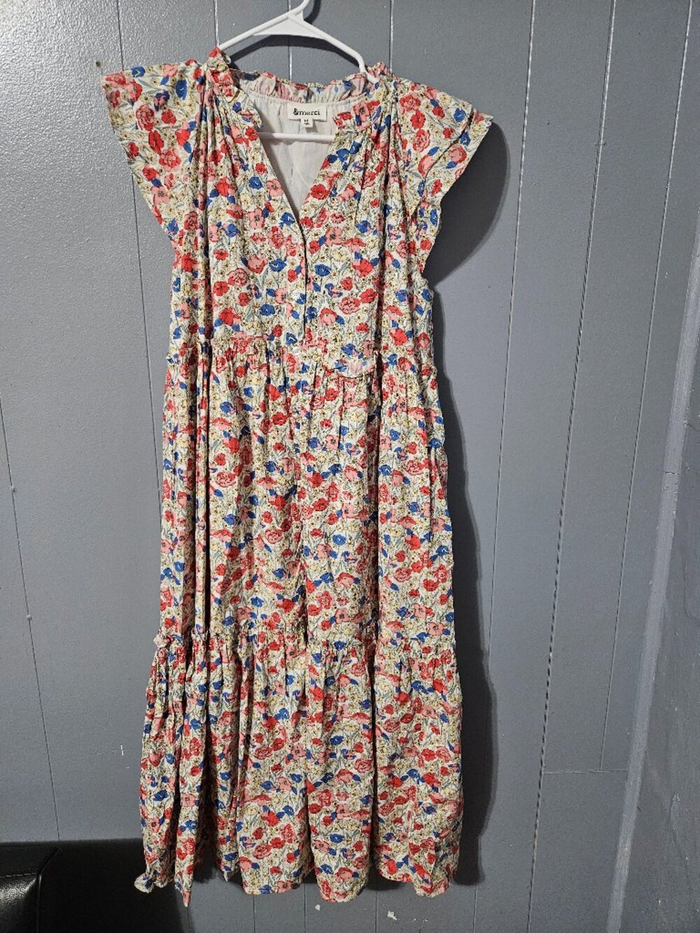&merci Ivory Floral Midi Dress Size M Tiered Ruffle Sleeve